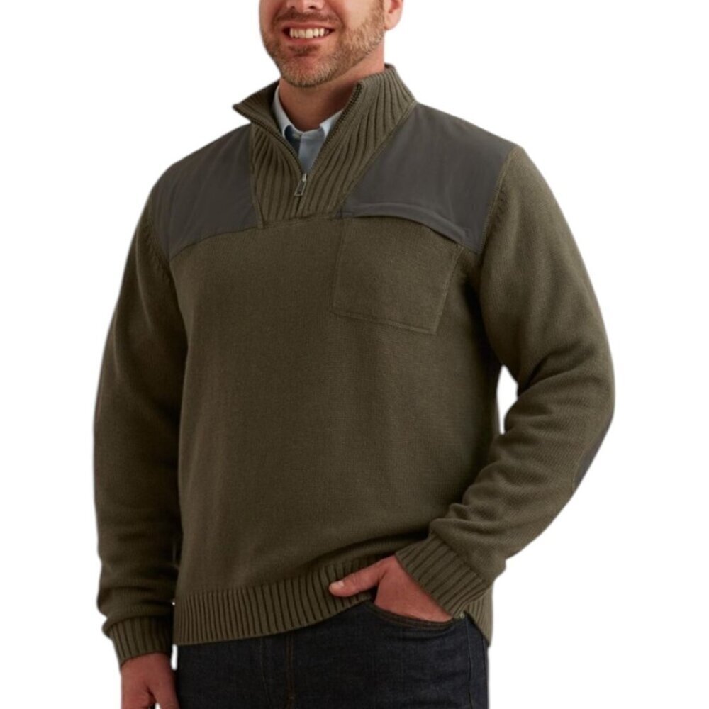 Duluth Trading Men Brigadier Mock Neck Sweater Size L Gray Elbow Patches Heavy